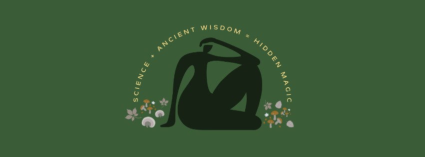 Forest Floor brand artwork: a seated figure with mushrooms and leaves, under the line Science + Ancient Wisdom = Hidden Magic