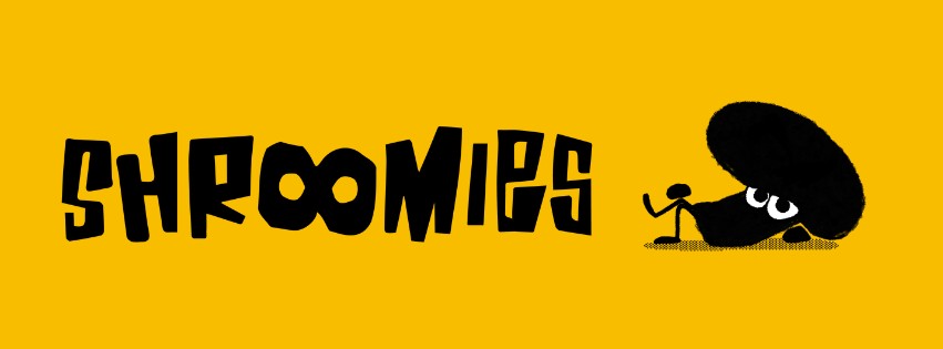 Shroomies wordmark with the Shroomies mushroom character lounging, on a yellow background