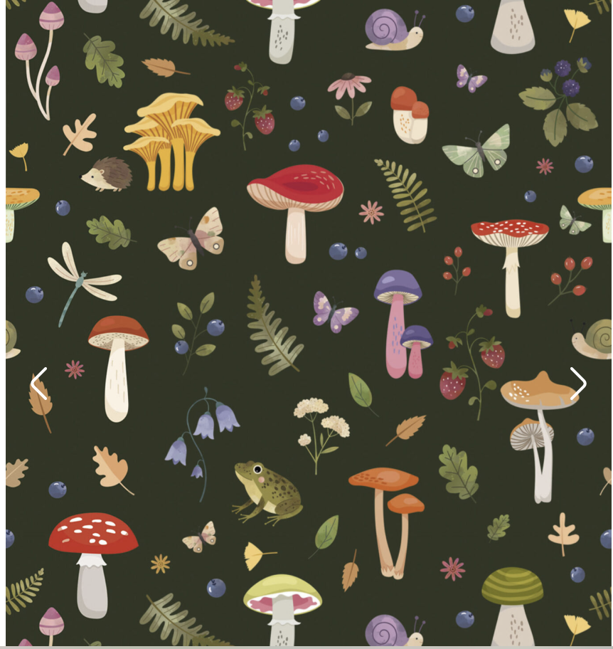 Woodland wallpaper on a dark olive background, with colourful mushrooms, leaves, butterflies, snails and a small frog.