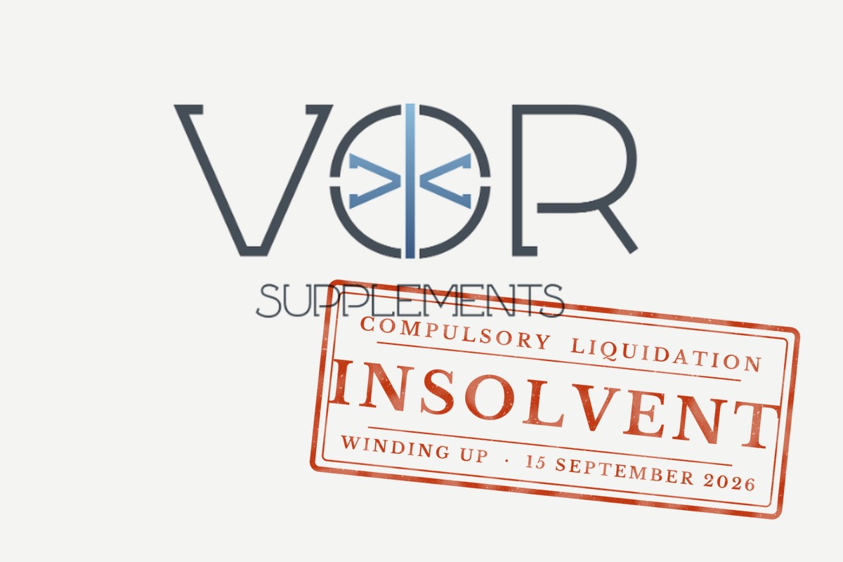 The VOR Supplements logo with a red rubber stamp across it reading ‘Insolvent. Compulsory liquidation. Winding up, 15 September 2026.’